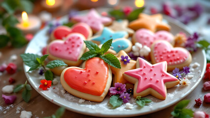 Obraz premium Delightful frosted sugar cookies shaped as hearts and stars, beautifully arranged on a plate with flowers and vibrant colors.