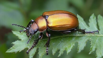 Naklejka premium Close-up of a golden beetle on a leaf (1)