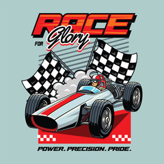 Retro race car with bold red stripe, checkered flags, and race for glory typography in cartoon illustration