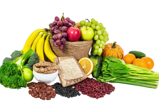 A Vibrant Still Life Displaying a Diverse Variety of Fresh Fruits, Vegetables, Grains, and Legumes Against a White Backdrop