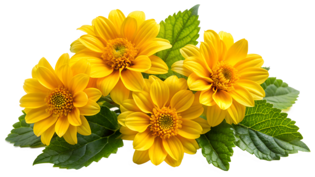 A cheerful arrangement of yellow flowers and green leaves isolated on transparent background - Powered by Adobe
