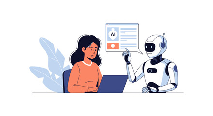 AI Assistant Robot Helping Woman with Laptop - Vector Illustration