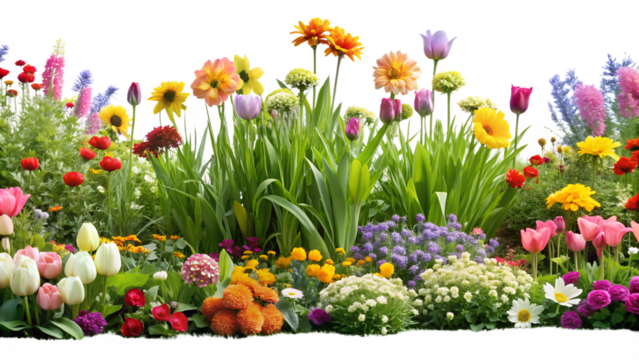 A lush and vibrant flower garden bursting with color and life isolated on transparent background