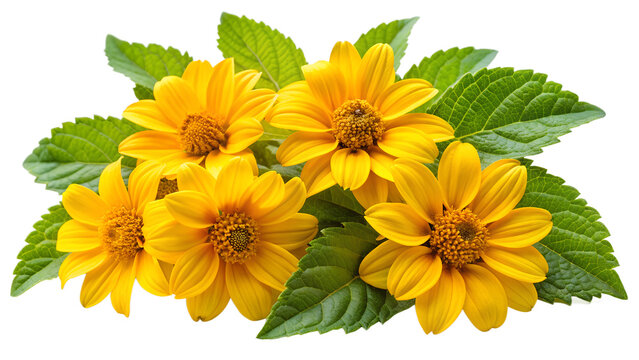 A vibrant bouquet of yellow flowers with lush green leaves isolated on transparent background
