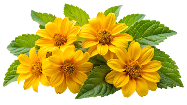 A vibrant bouquet of yellow flowers with lush green leaves isolated on transparent background