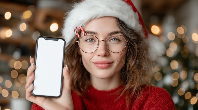 A woman in a Santa hat and candy cane glasses using a smartphone with a plain white screen, Christmas holiday blurred lights background - Powered by Adobe
