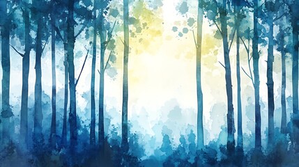 Misty blue forest watercolor painting