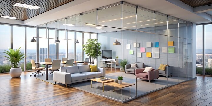 Bright office with glass meeting room, sofas, and colorful notes on wall - Powered by Adobe