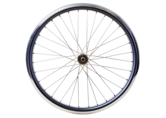 A sleek bicycle wheel with thin spokes and a modern design, isolated on transparent background
