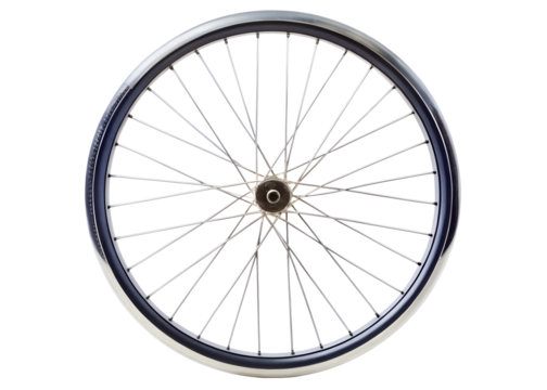 A sleek bicycle wheel with thin spokes and a modern design, isolated on transparent background