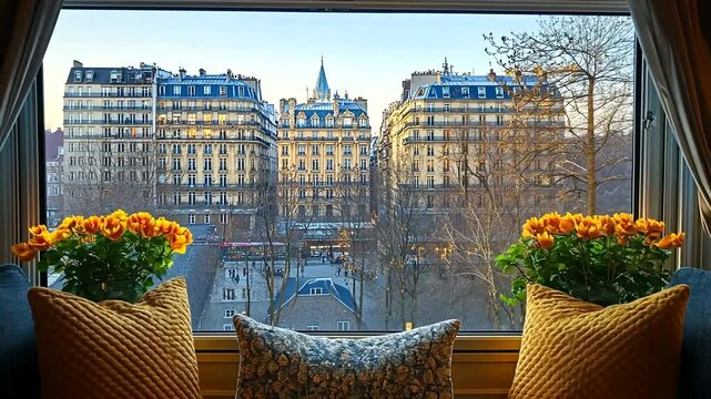 Cozy Parisian View: Interior with Pillows, Flowers and Buildings in the Background