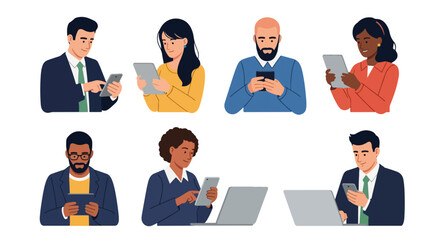 Diverse People Using Smartphones  Tablets Vector Characters