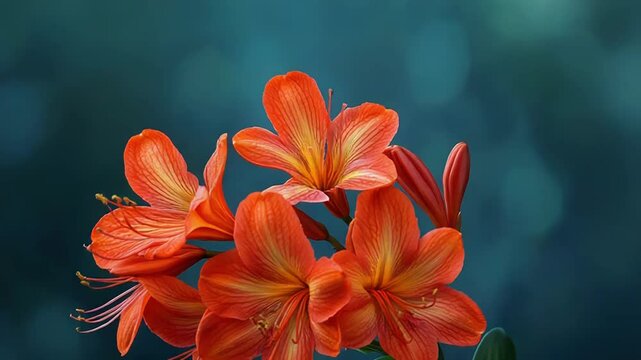 Orange clivia miniata flowers blooming on dark green background