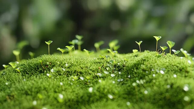 Vibrant green moss growing on a rock in a forest