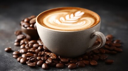 Close Up Latte Art With Coffee Beans On Dark Background