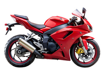 A sleek red sportbike is isolated on transparent background, showcasing its modern design and powerful engine