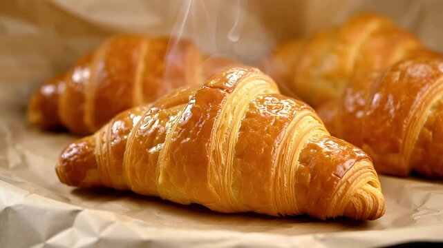 Fresh croissants with golden crust on parchment paper, breakfast bakery, morning pastry, classic french food