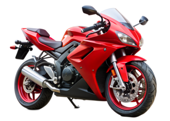 A vibrant red motorcycle is isolated on transparent background, highlighting its sporty design and powerful features