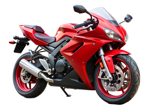 A vibrant red motorcycle is isolated on transparent background, highlighting its sporty design and powerful features