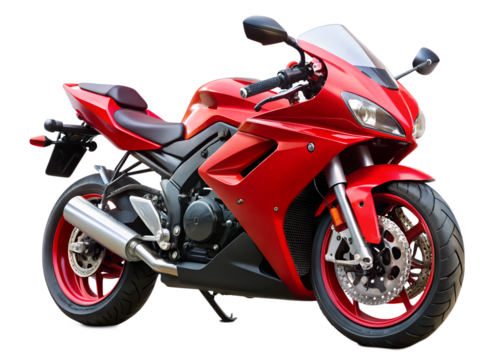 A vibrant red motorcycle is isolated on transparent background, highlighting its sporty design and powerful features