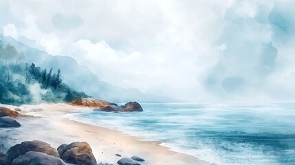 Misty coastal beach scene
