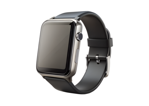 A sleek silver smartwatch with a black band is isolated on transparent background