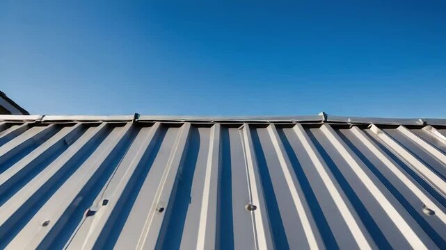 Corrugated metal roof with skylight reflecting sunlight against blue sky
