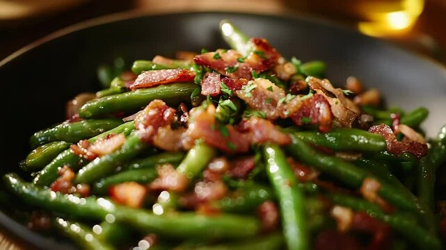 Delicious sauteed green beans with crispy bacon and parsley in a bowl