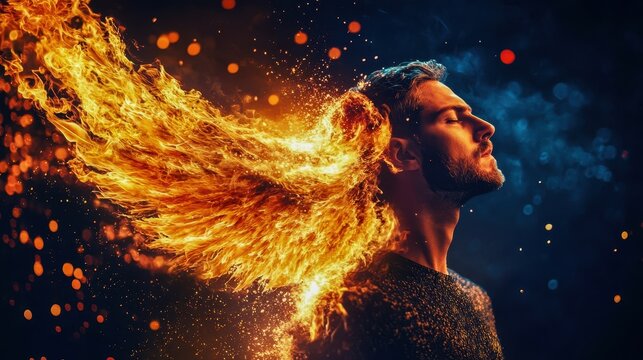 man with burning phoenix wings emerging from flames