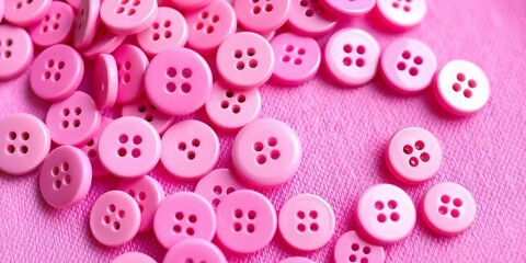 Obraz premium Close-up of numerous pink buttons on a pink fabric background, studio, visual