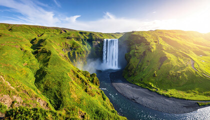 Fototapeta premium Waterfall flowing into river surrounded by green hills under bright sky