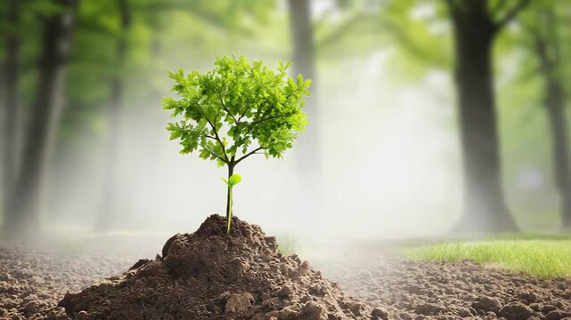 Young oak tree growing on a pile of dirt in a misty forest