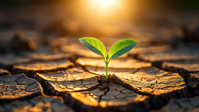A small plant growing out of a crack in the ground.