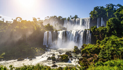 Fototapeta premium Waterfall flowing through lush green forest with sunlight and mist creating peaceful scene