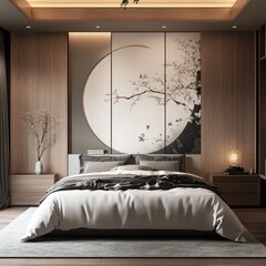 Serene bedroom with minimalist design, featuring a large wall art of a flowering branch within a circular frame, wooden paneling, and soft lighting