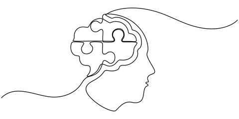 Head with puzzle pieces in one line drawing. Solving psychological challenges and finding balance, Alzheimer s day simple background, web banner, poster with brain and puzzle. One continuous line draw