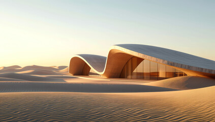 A building in the middle of a desert with sand dunes.