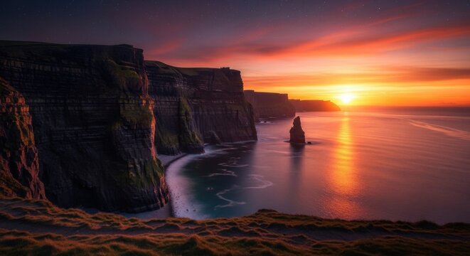 Dramatic sunset over the Cliffs of Moher Ireland