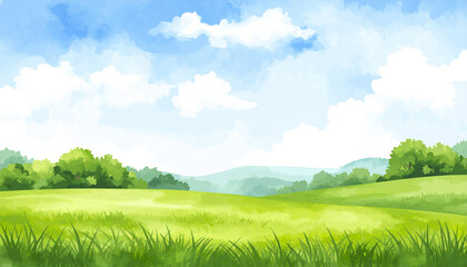 Obraz premium Green grass field with blue sky and white clouds in bright summer day