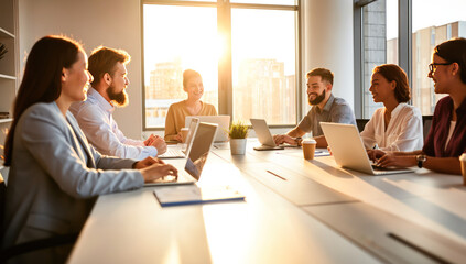 A group of people sitting around a conference table with laptops.