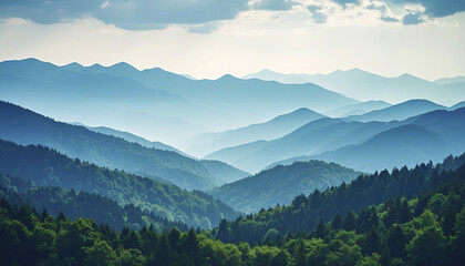 Obraz premium Mountain forest landscape with layers of misty hills under cloudy sky
