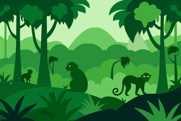 Naklejka premium Jungle with Monkeys and Dense Green Canopy