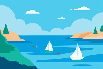 peaceful ocean bay with sailboats and cliffs