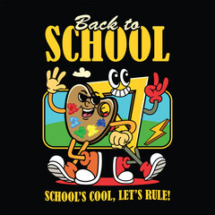 triangle ruler and watercolor palette back to school characters walking together in a retro comic illustration