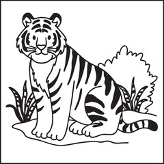 Fototapeta premium A stylized tiger sitting calmly in the jungle. Black and white outline illustration for an animal coloring page.