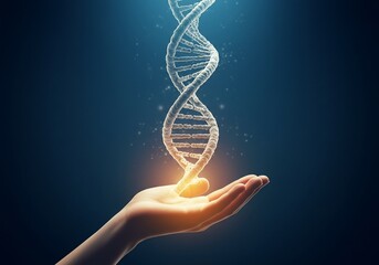 Glowing DNA Strand Held in Open Palm Against Dark Blue Background