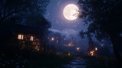 Moonlight village in the forest