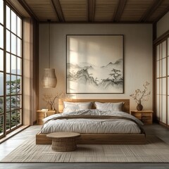 Serene bedroom with minimalist Japanese design, featuring a large window, wooden furniture, and artwork depicting a misty mountain landscape