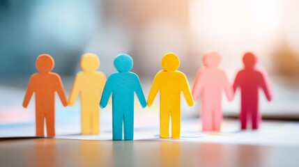 Colorful paper figures stand together symbolizing unity and diversity in teamwork.