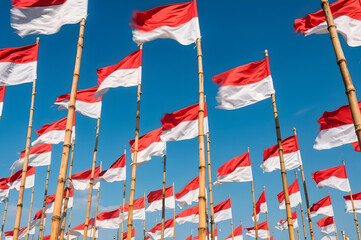 Many Indonesia red and white flags waving under blue sky
